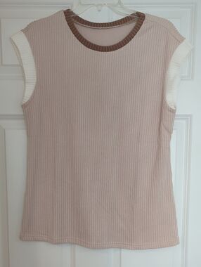 Sleeveless Rib Knit Top in Beige with Contrast Trim